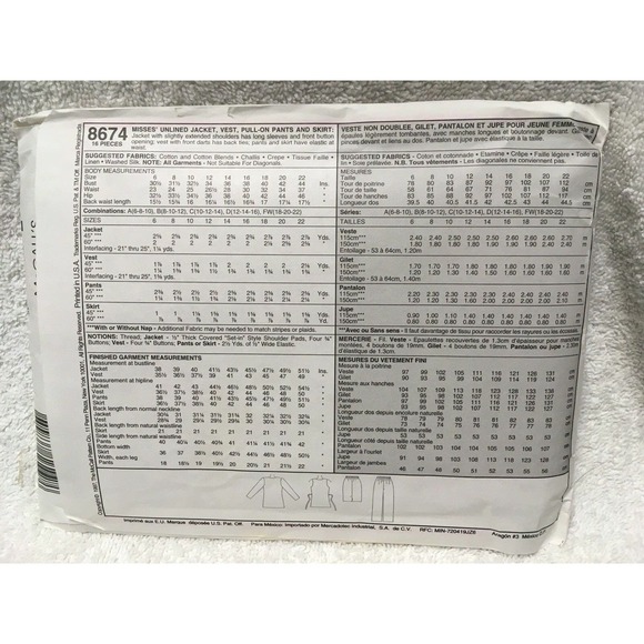 8674 MCCALLS MISSES JACKET/VEST/PULL-ON PANTS/SKIRT Sewing Pattern Size 18-22 - Picture 3 of 6